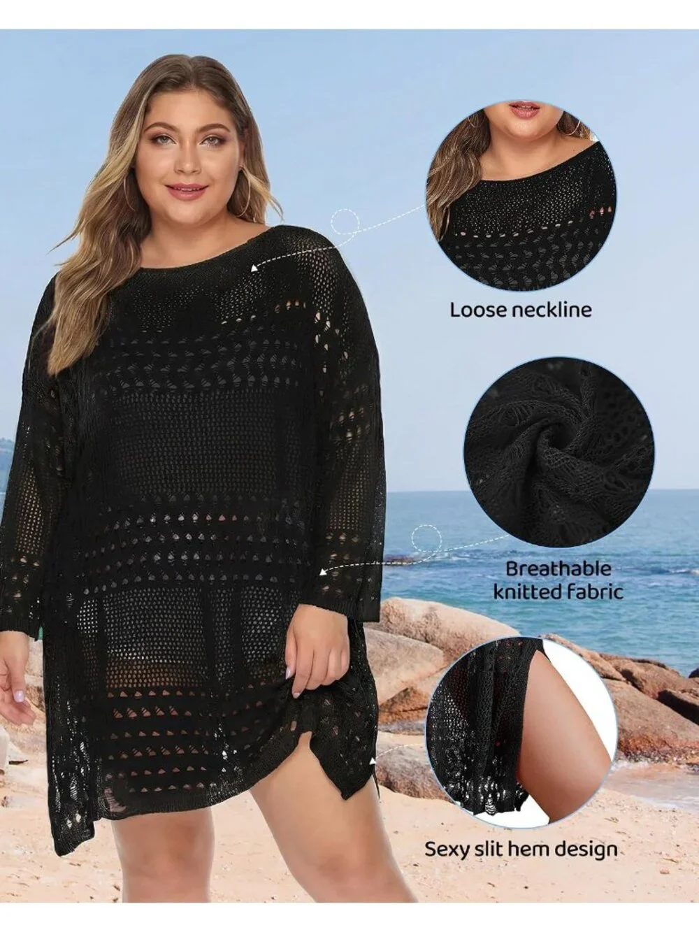 Women's Long Sleeve Dull Black Polyester Crochet Summer Swimsuit Coverup Dress